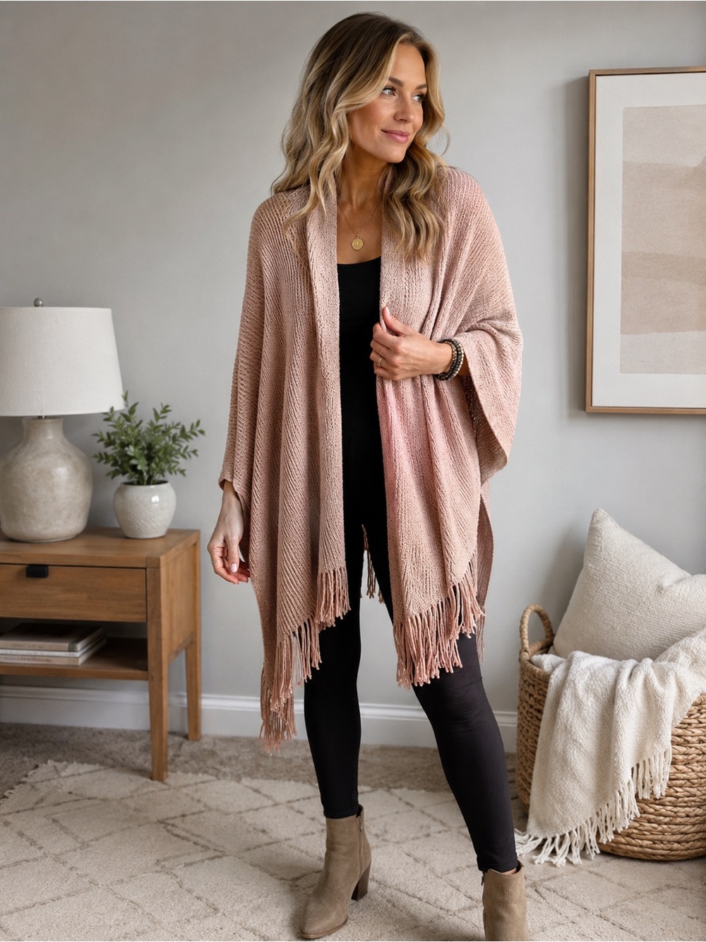 Vince Camuto Blush Pink Fringe Knit Shawl Wrap One Size Cozy Boho Layer